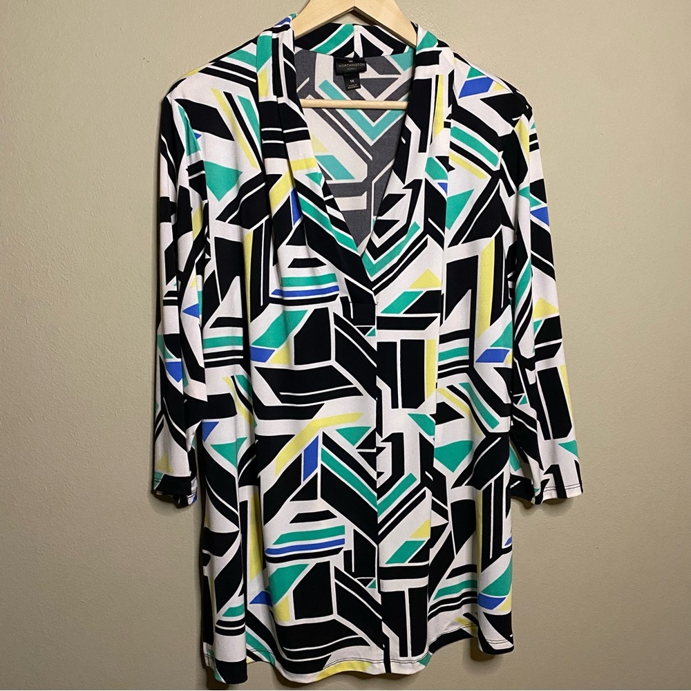 Worthington Geometric Color Block Blouse Women 1X White Green Yellow Office